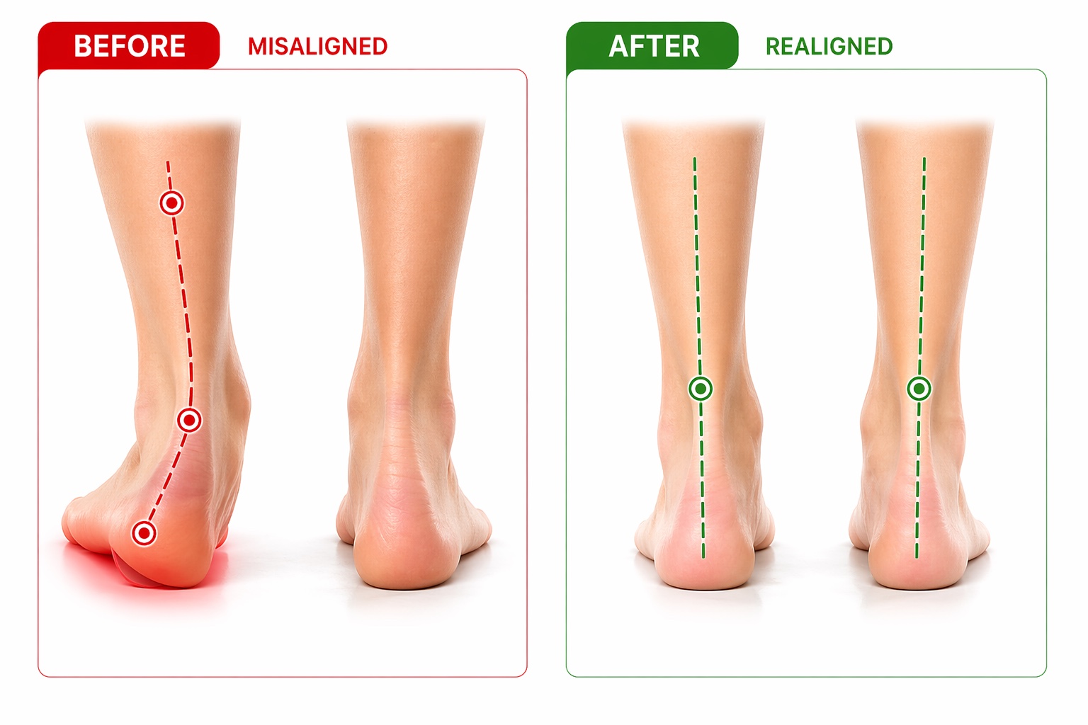 Before and after: the joint above the heel bone, shown collapsed on the left and realigned on the right.