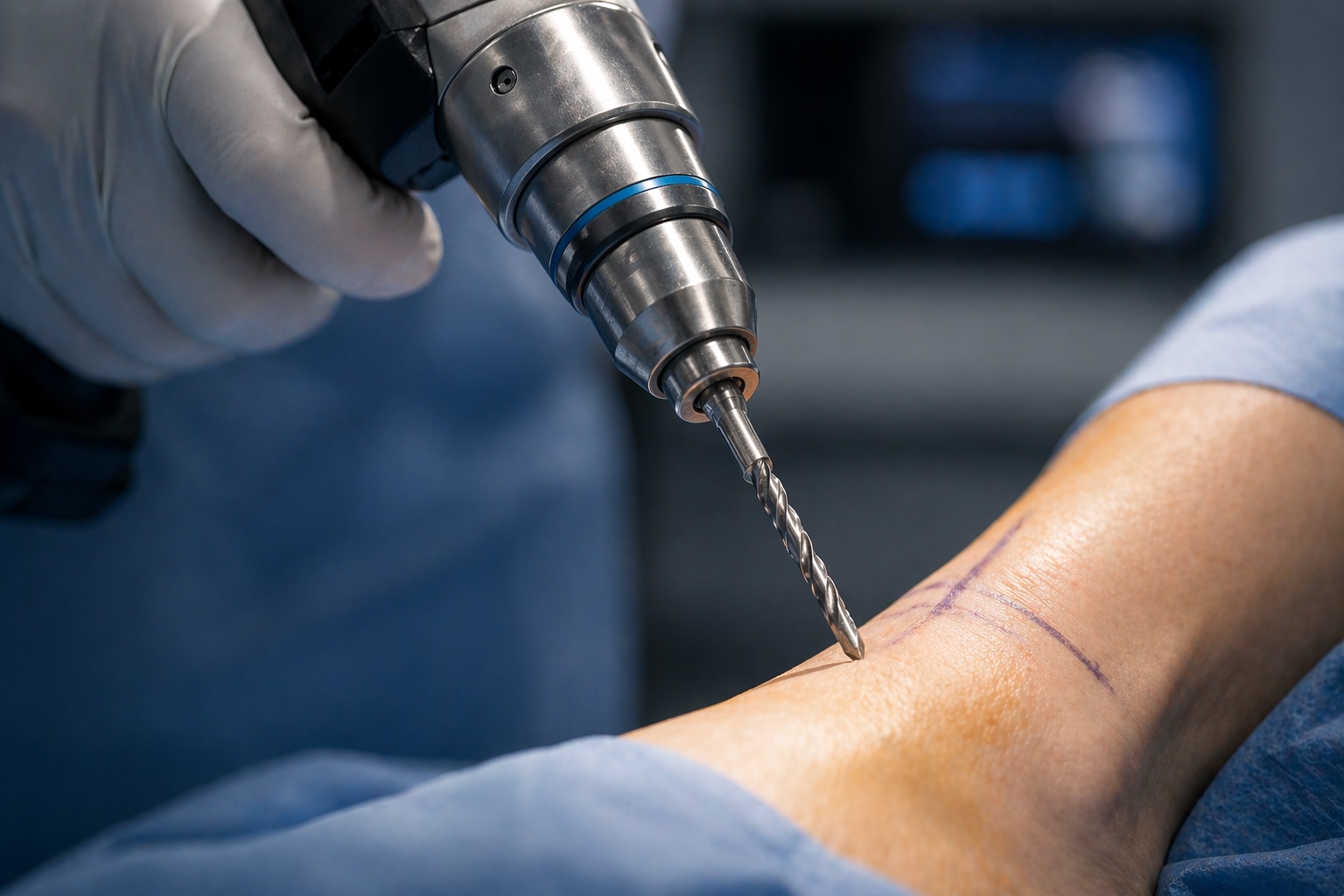 Surgical drill over an ankle marked for fusion — the bone-cutting path.