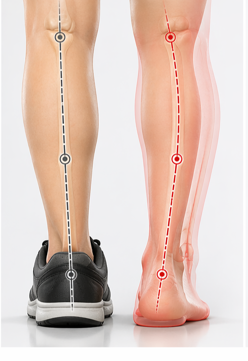Two legs side by side — supported by a shoe on the left, unsupported on the right, showing the dependence orthotics create.