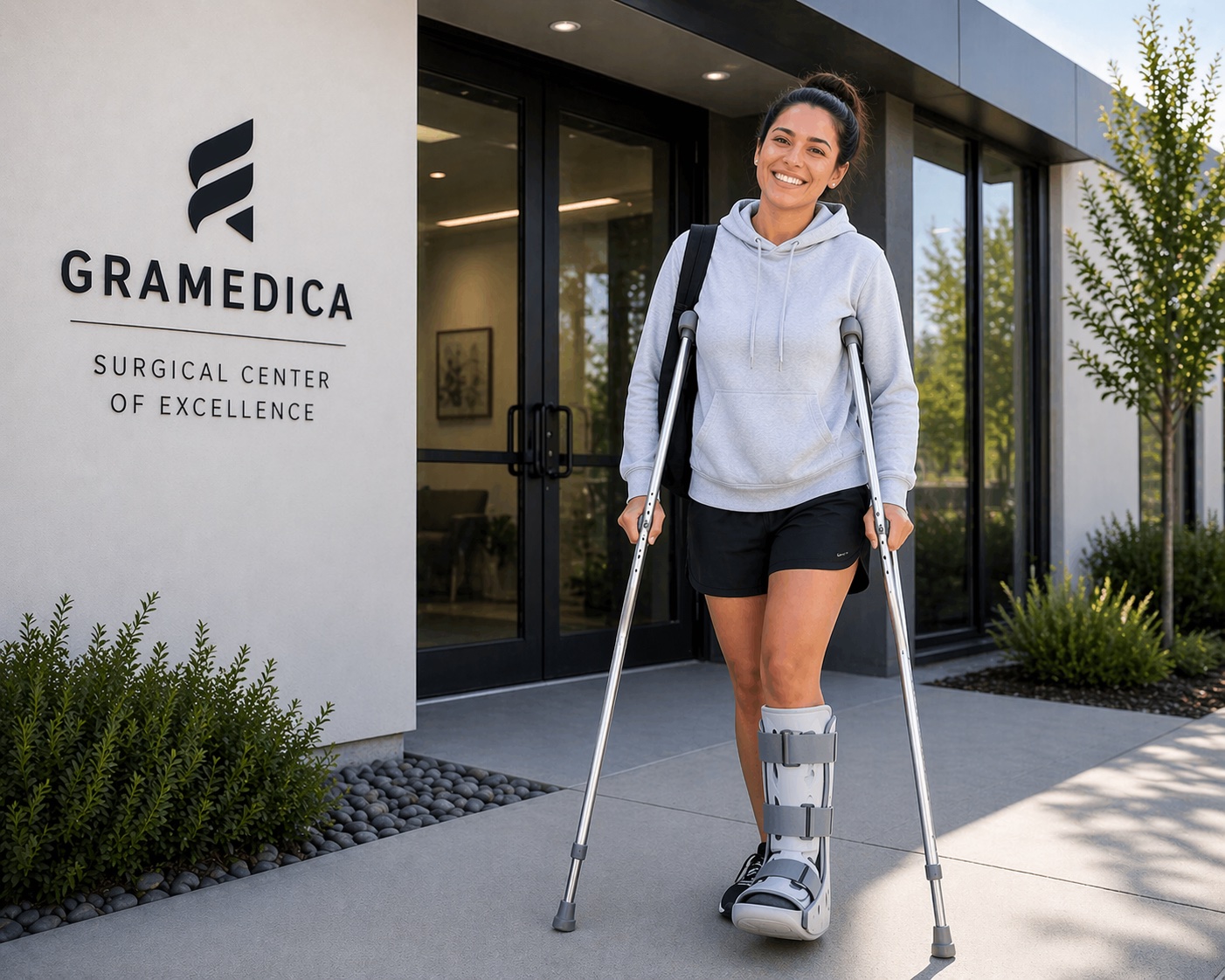 A patient in a post-op walking boot, on crutches, walking out of a GraMedica Surgical Center of Excellence the same day as her procedure.